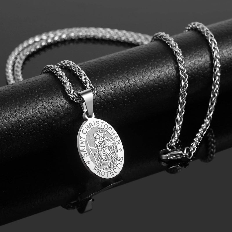 RS Silver St Saint Christopher Medal Necklace for Men Boys Stainless Steel Pendant Chain Catholic Religious Baptism First Communion Confirmation Jewelry Gifts Teen Teenage Him Son - Image 3